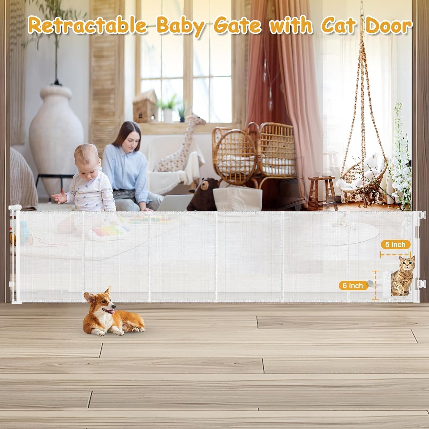 Reinforced 150 Inch Extra Wide Dog Gate with Cat Door 12.5 Ft Extra Long Baby Gates for Large Openings 37” Tall Retractable Pet Gates for Wide Openings Large Pet Gate with Cat Door, Gray