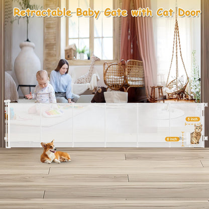 Reinforced 150 Inch Extra Wide Dog Gate with Cat Door 12.5 Ft Extra Long Baby Gates for Large Openings 37” Tall Retractable Pet Gates for Wide Openings Large Pet Gate with Cat Door, Gray