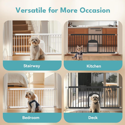 No Pawblems Dog Gate with Small Pet Door, 16"-42.7" Adjustable Metal Short Dog Gate to Step Over, 16.5" Tall Small Pet Gate with 3 Extension Kits, Pressure Mounted Gate for Doorways & Stairs, White