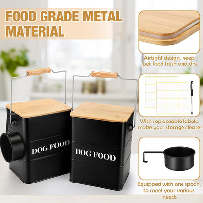 Tioncy 2 Pcs Metal Dog Food Storage Containers Total 10-14 Lbs (50 Cup) Capacity, Airtight Pet Food Canister with Bamboo Lids Scoop DIY Labels Dog Treat Storage Jars for Kitchen Counter(White)
