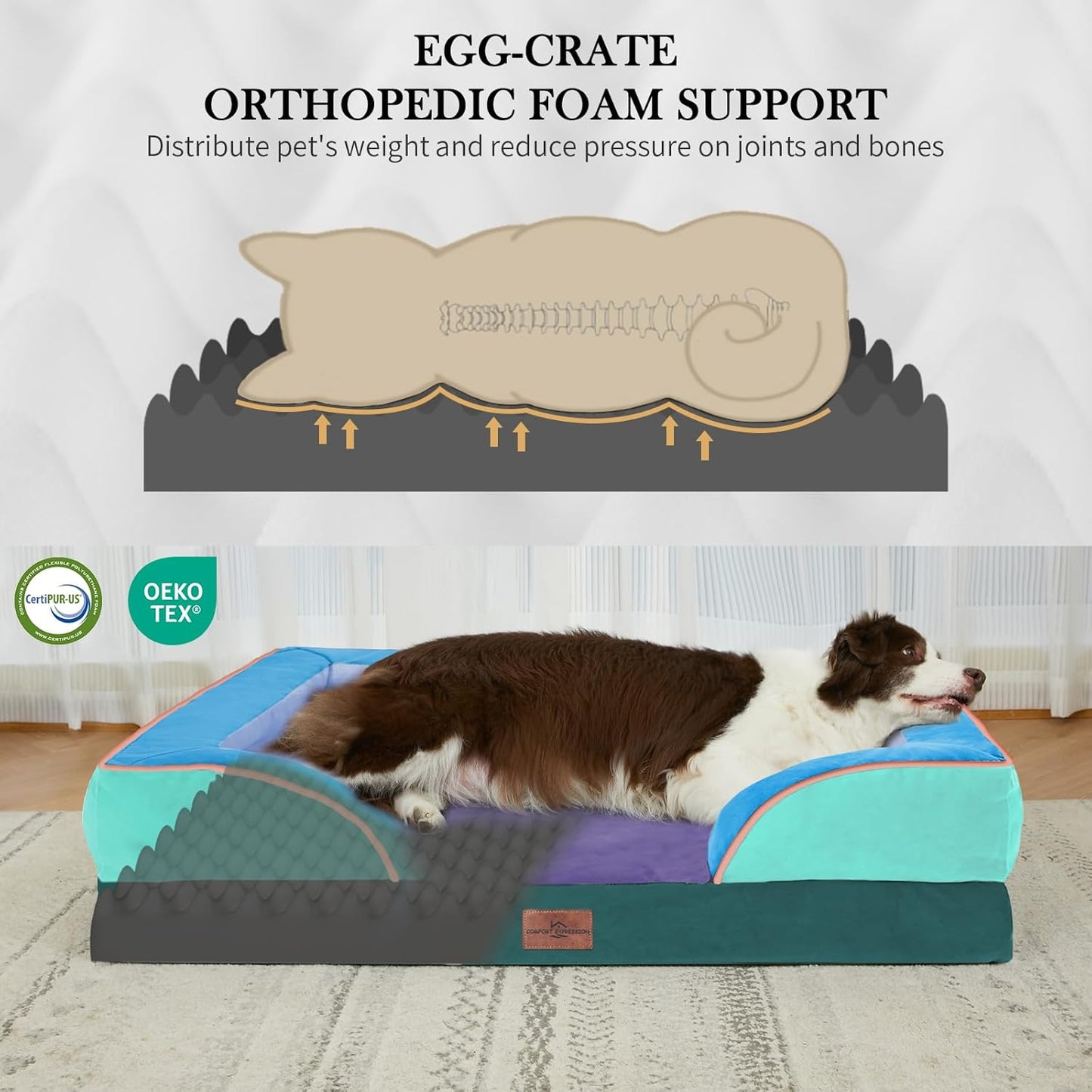 Comfort Expression Orthopedic Dog Bed for Extra Large Dogs 42x30 Inch, Waterproof Egg Crate Foam XL Pet Bed with Removable Bolsters, Dog Couch with Washable Cover & Non-Slip Bottom, Grey - Colors A