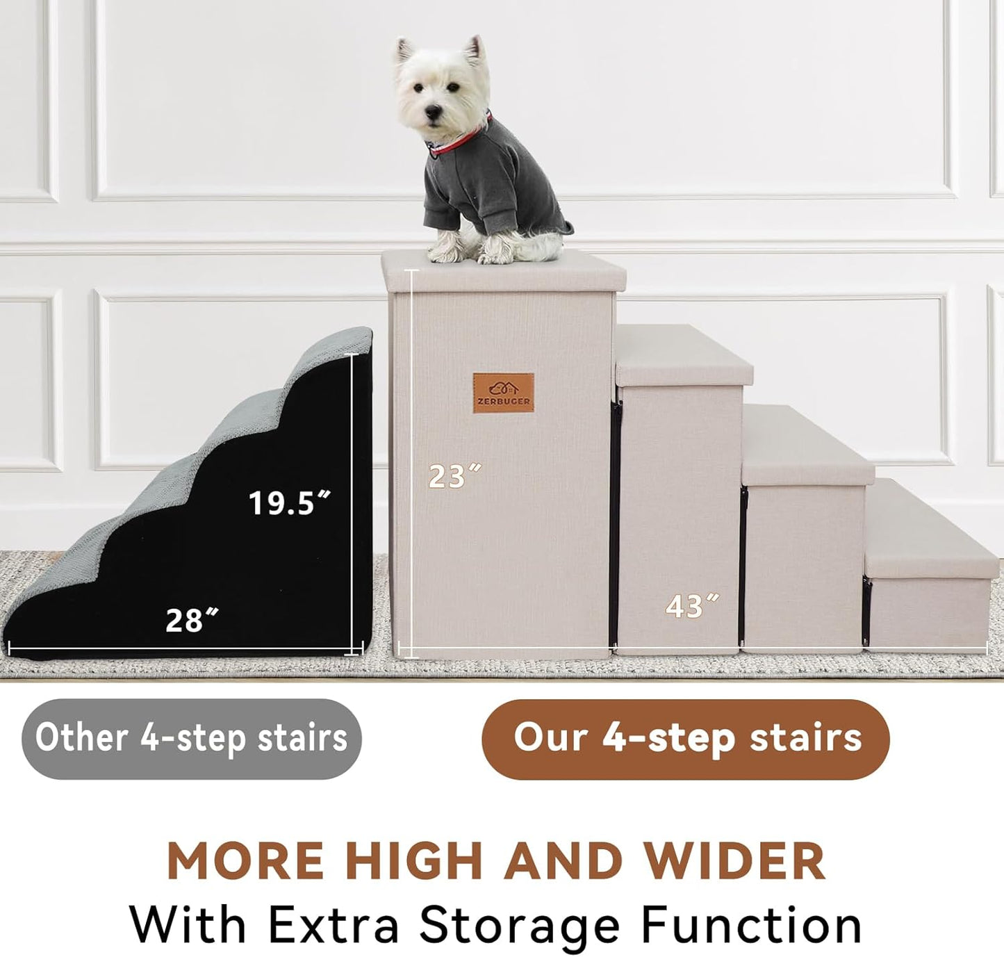 Zerbuger Wider Dog Ramp for High Bed with Storage 18" H, Foldable Dog Stairs for Small Medium Large Older Senior Animal, Sturdy Dog Step for Climbing Bed or Couch, Arthritis-Friendly (Gray, No Condo)