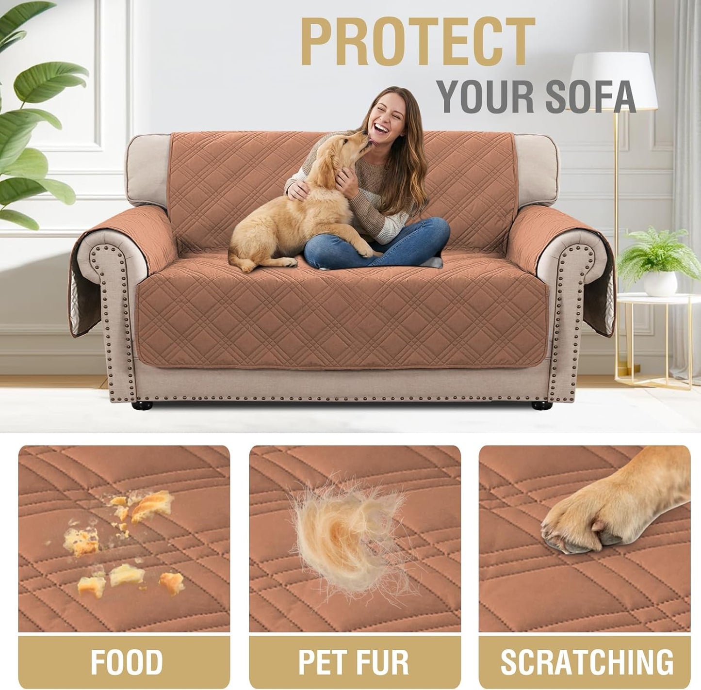 H.VERSAILTEX 100% Waterproof Slipcovers for Couches and Sofas Modern Pet Couch Cover Thick Soft Furniture Protector with Elastic Straps(Sofa, Lily Pad/Beige)