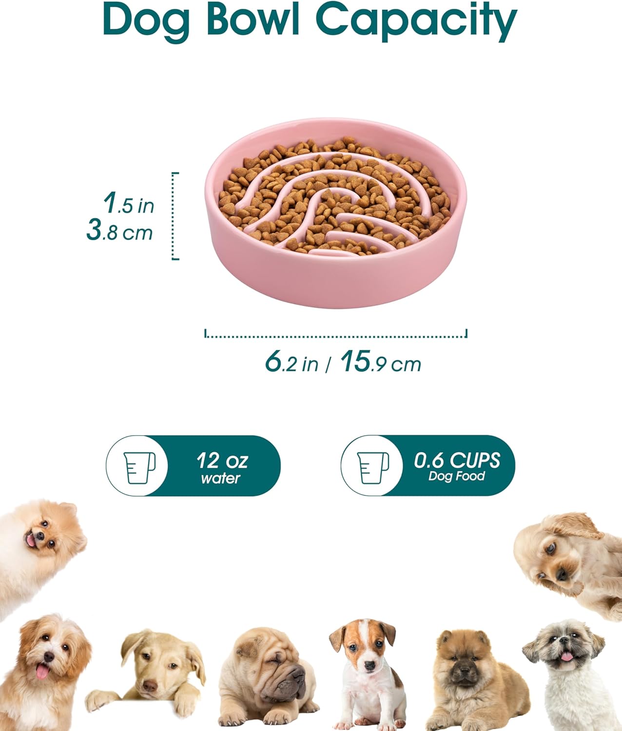 vancasso Slow Feeder Dog Bowl, 1.5 Cup Ceramic Slow Feeding Food Dish for Small and Medium Breed, Puzzle Dog Food Bowl for Fast Eater, Pink