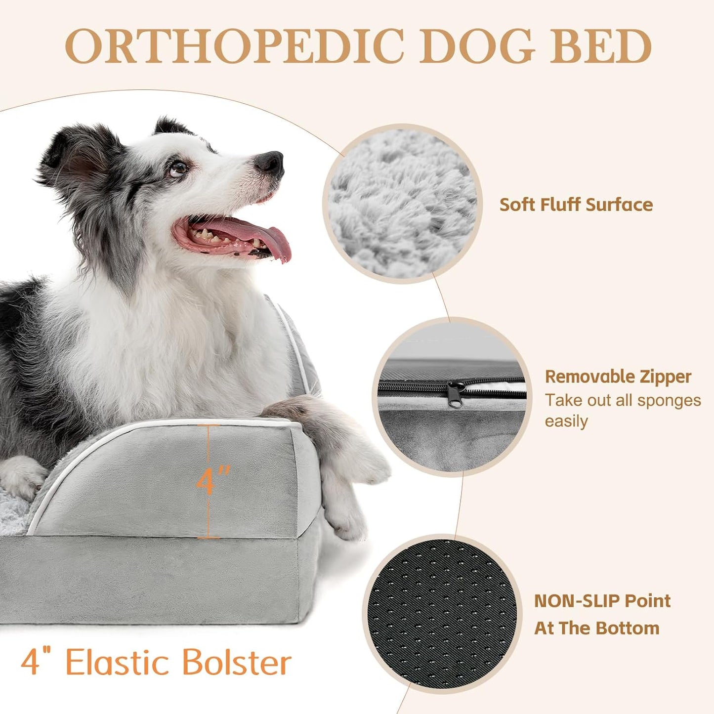 Comfort Expression Orthopedic Dog Bed for Extra Large Dogs 42x30 Inch, Waterproof Egg Crate Foam XL Pet Bed with Removable Bolsters, Dog Couch with Washable Cover & Non-Slip Bottom, Grey - Colors B