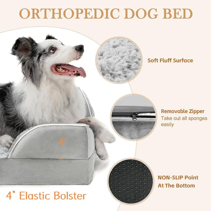 Comfort Expression Orthopedic Dog Bed for Extra Large Dogs 42x30 Inch, Waterproof Egg Crate Foam XL Pet Bed with Removable Bolsters, Dog Couch with Washable Cover & Non-Slip Bottom, Grey - Colors B