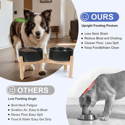 SPUNKYJUNKY Elevated Dog Bowls Ceramic, 6.1'' Dogs and Cat Food Water Bowls Raised with Non-Slip Bamboo Stand for Medium Sized Breed Microwave Dishwasher Safe - 28.7 OZ,Beige