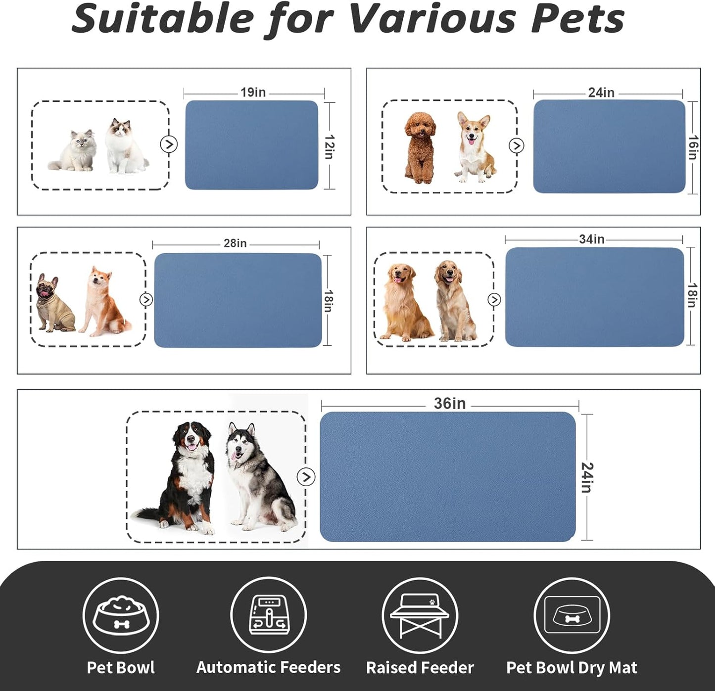 HotLive Dog Food Mat - Absorbent Cat Mat for Food and Water, No Stains Pet Feeding Bowl Mat, Easy to Clean Pet Placemats, Quick Dry Dog Water Dispenser Mat for Messy Drinkers | Paw Dark Grey 12"x 19"