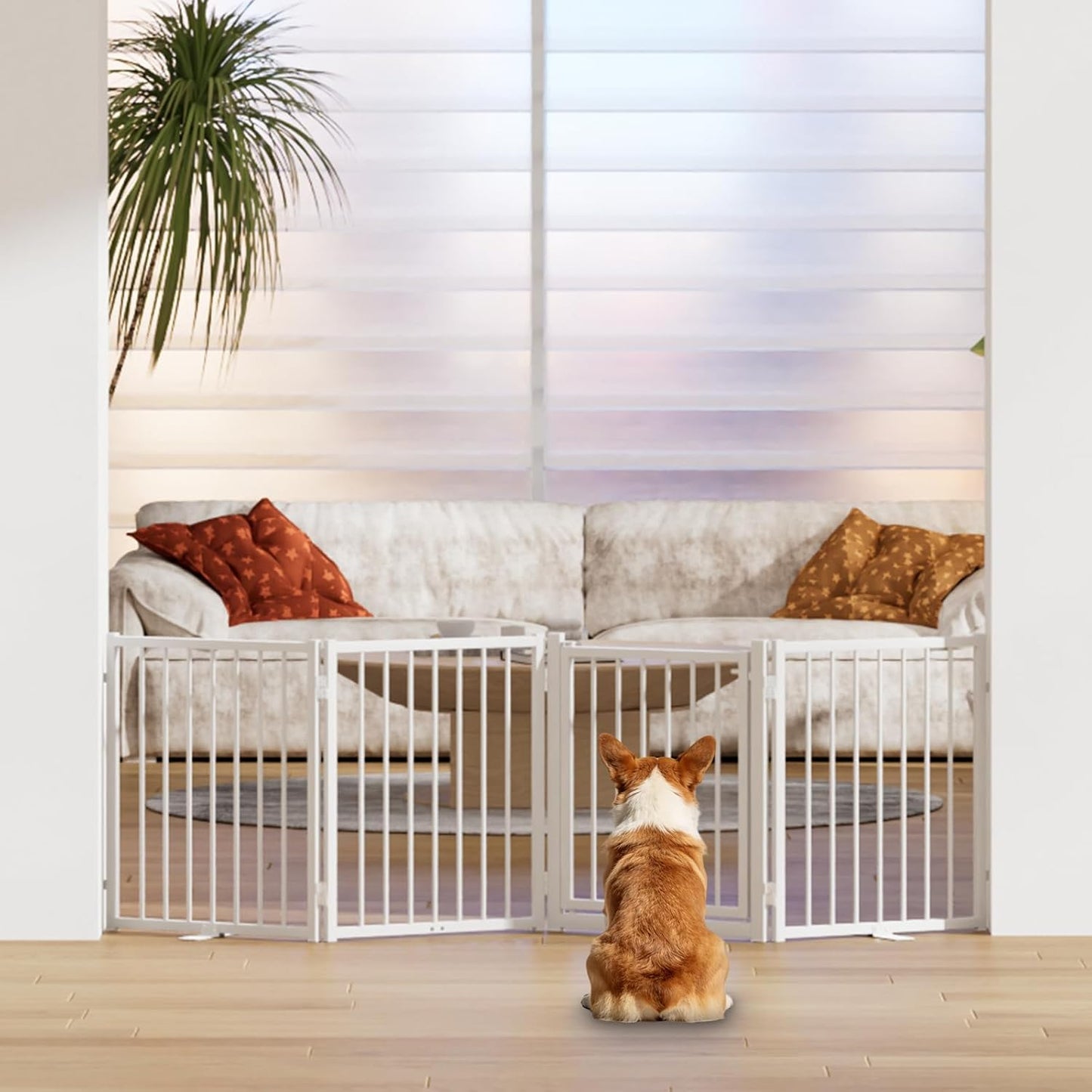 SNUOWU Full Metal Freestanding Dog Gate with Door, 32''Height Foldable Pet Dog Fence for Indoor & Outdoor, 4 Panels Extra Wide Free Standing TallDog Gates for Doorways,House,Stairs,Porch,Deck,Yard