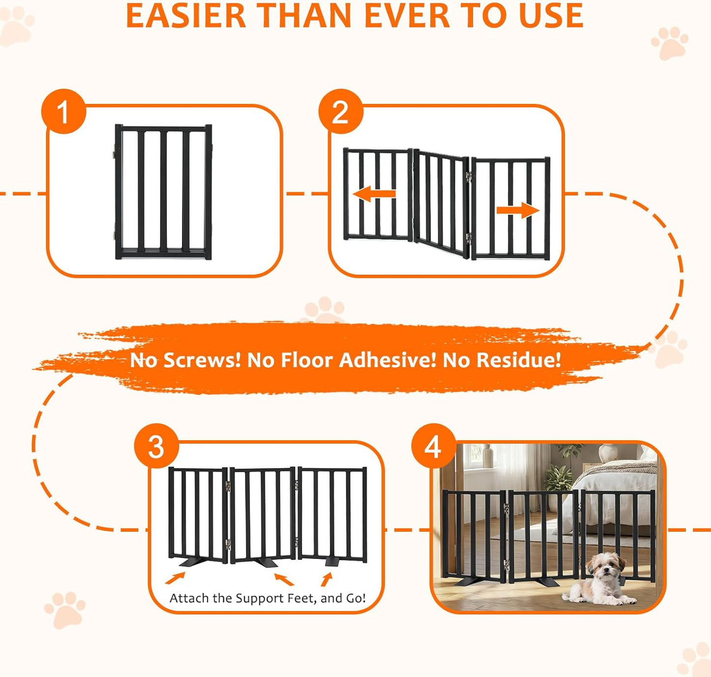 Snagle Paw Short Dog Gate,16.5" Tall Freestanding Metal Dog Gate Only for Small Dogs with Support Feet Easily Step Over,Up to 48" Wide Puppy Gate Indoor for Stairs,Doorways(Black,4 Panel)
