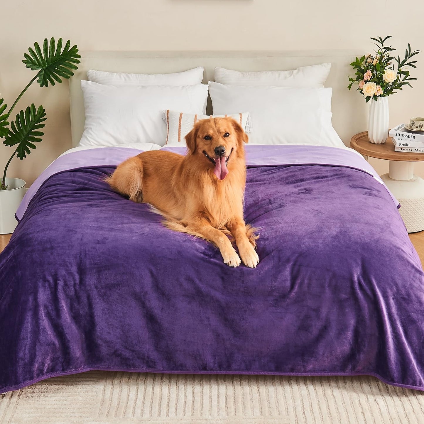 Waterproof Blanket 60"x80" for Adults, Reversible Waterproof Bed Cover for Dogs Cats Pets, Soft Leakproof Blanket for Bed Couch Sofa Furniture Protector, Dusty Pink/Off White