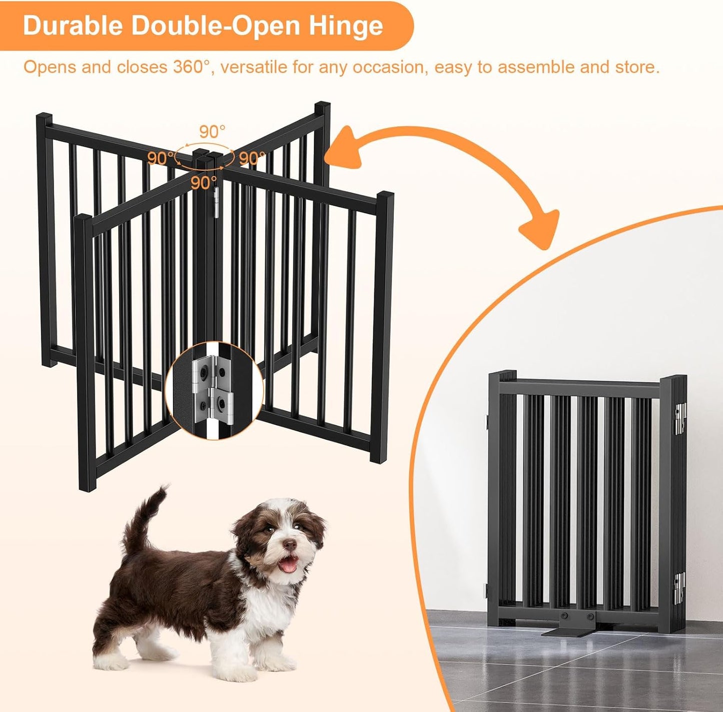 Snughome Short Dog Gate Indoor, 16" High Freestanding Small Dog Door Gates with Support Feet, Expands Up to 48’’ Wide Foldable Pet Gate for Doorway, 4 Panel Folding Pet Door Pet Fence for Puppy, White