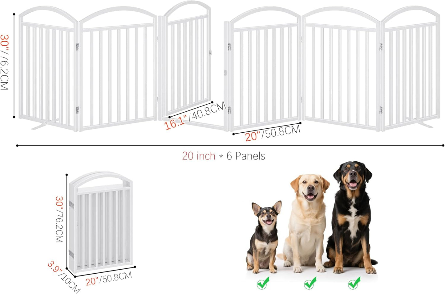 Folding No-Assembly Freestanding Dog Gate with Door,32" Heights Foldable Pet Fence,144" Extra Wide Accordion Puppy Folding Playpen for Doorways,House,Stairs (6 Panels,White)