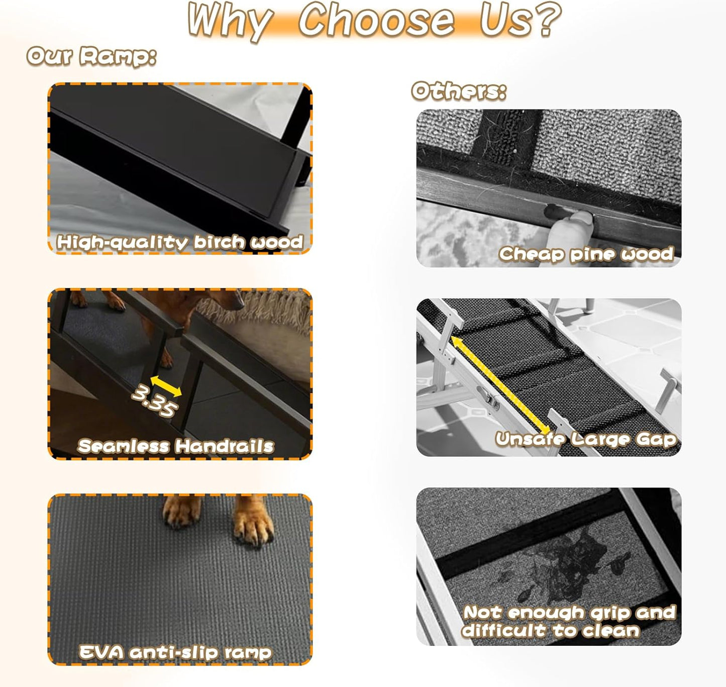 61" Dog Ramp for Bed with Rest Platform & Glow Strips, 20° Gentle Slope, EVA Non-Slip Surface, Removable Safety Rails, Birchwood Solid Wood, for Small, Large & Senior Dogs, Joint Protection, Black