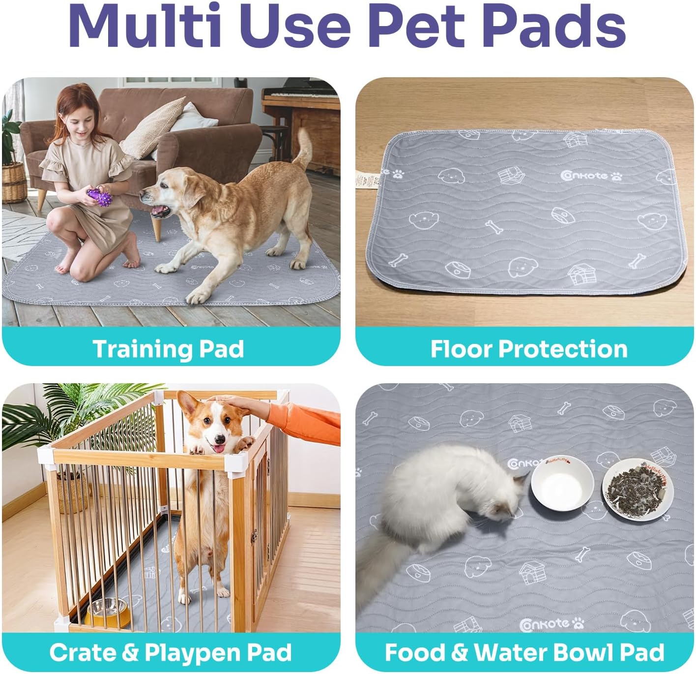Conkote Reusable Pee Pads for Dogs Extra Large 60" x 48" Puppy Playpen Mat, Washable Pee Pads Heavy Absorbency Waterproof Dog Training Pads Non-Slip for Housebreaking, Whelping, Potty, Crate
