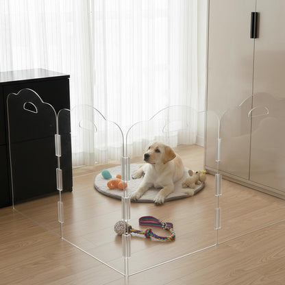 Clear Acrylic Dog Gate Indoor, Free-Standing Pet Gate, 24" Height (Size M) Foldable 4 Modular Panels, Dog Fence for Doorways, Hallways, Stairs, No Drilling, Perfect for Puppies and Small Pets