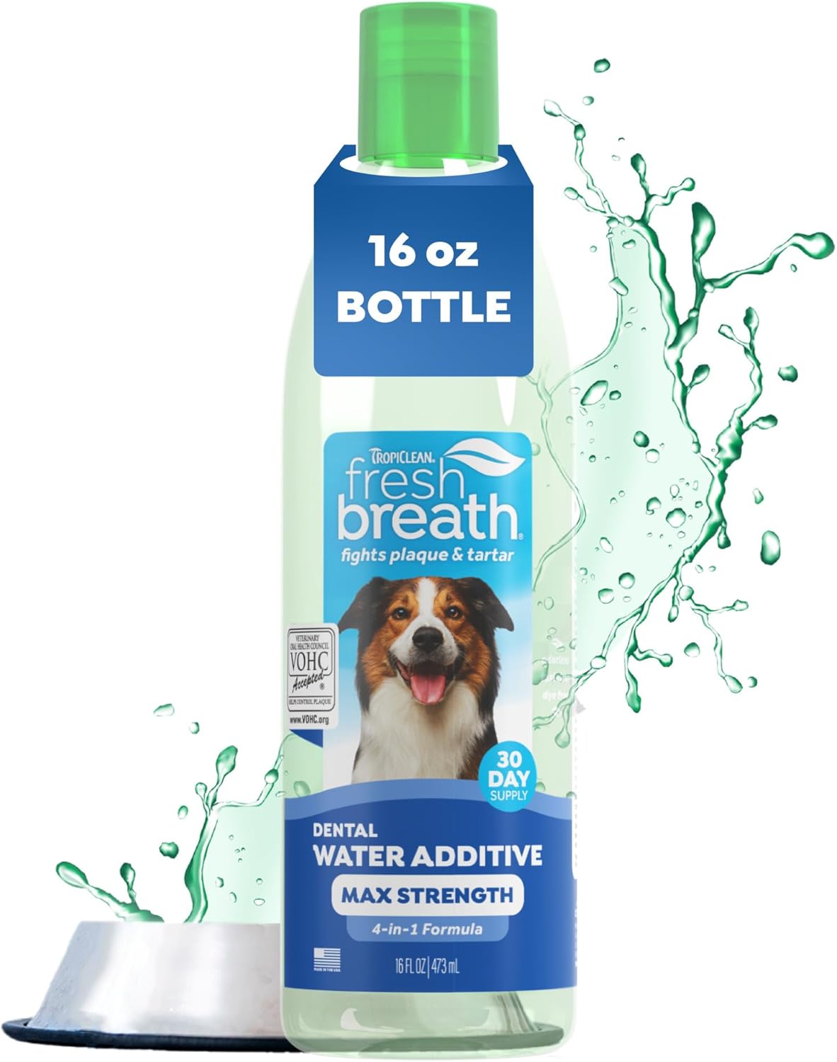 TropiClean Fresh Breath Water Additive for Dogs, Dog Breath Freshener and Teeth Cleaning Solution, No Toothpaste or Toothbrush Required, 16oz.