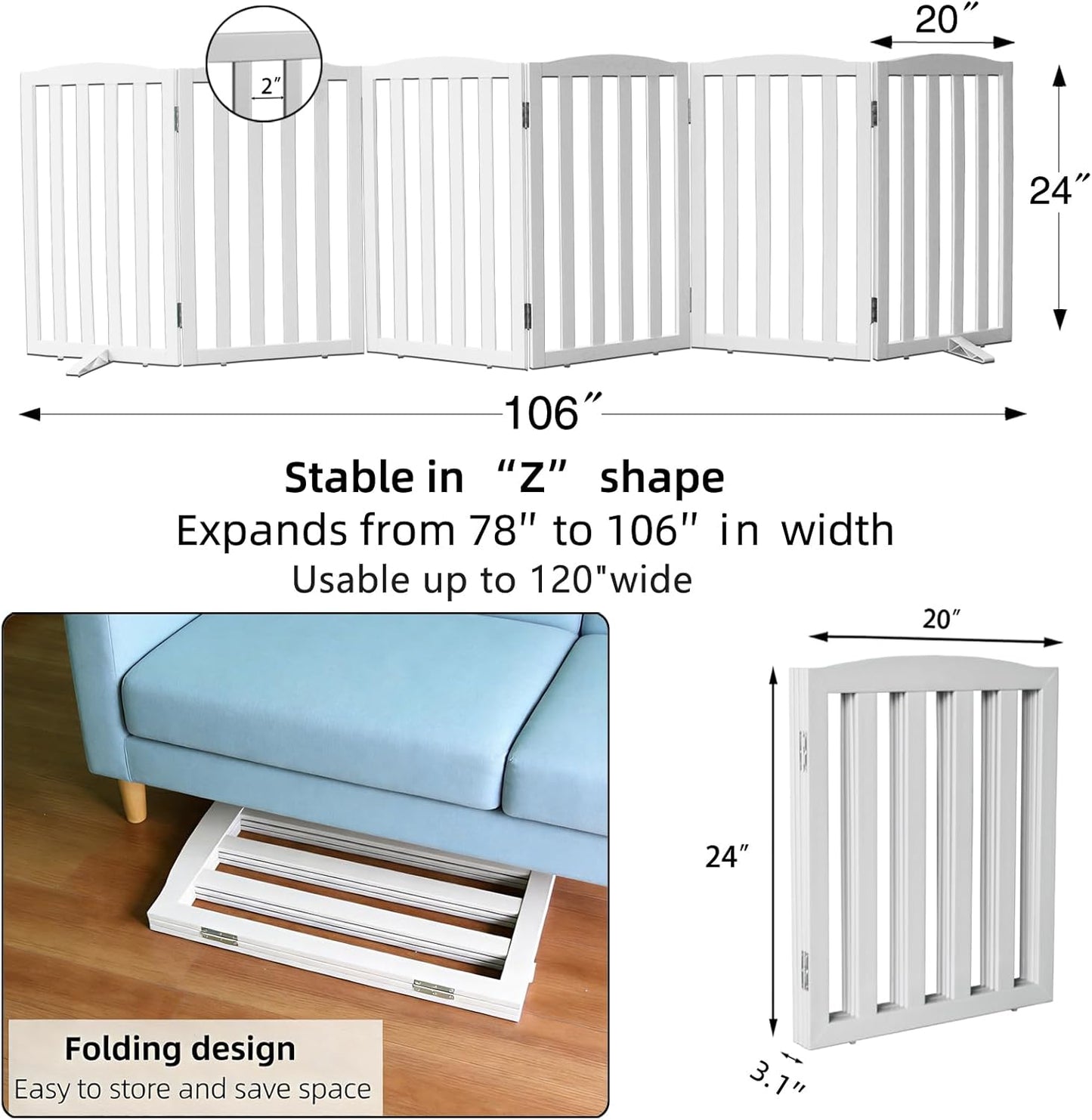 ZJSF Foldable Freestanding Indoor Dog Gate for House Wood White Long Pet Gates Dog Fence for Stairs Puppy Gates for Hallways,Pet Fence, Puppy Gate,Support Feet Included 24 "Height-3 Panels
