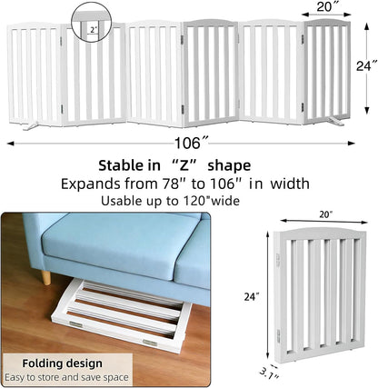 ZJSF Foldable Freestanding Indoor Dog Gate for House Wood White Long Pet Gates Dog Fence for Stairs Puppy Gates for Hallways,Pet Fence, Puppy Gate,Support Feet Included 24 "Height-3 Panels