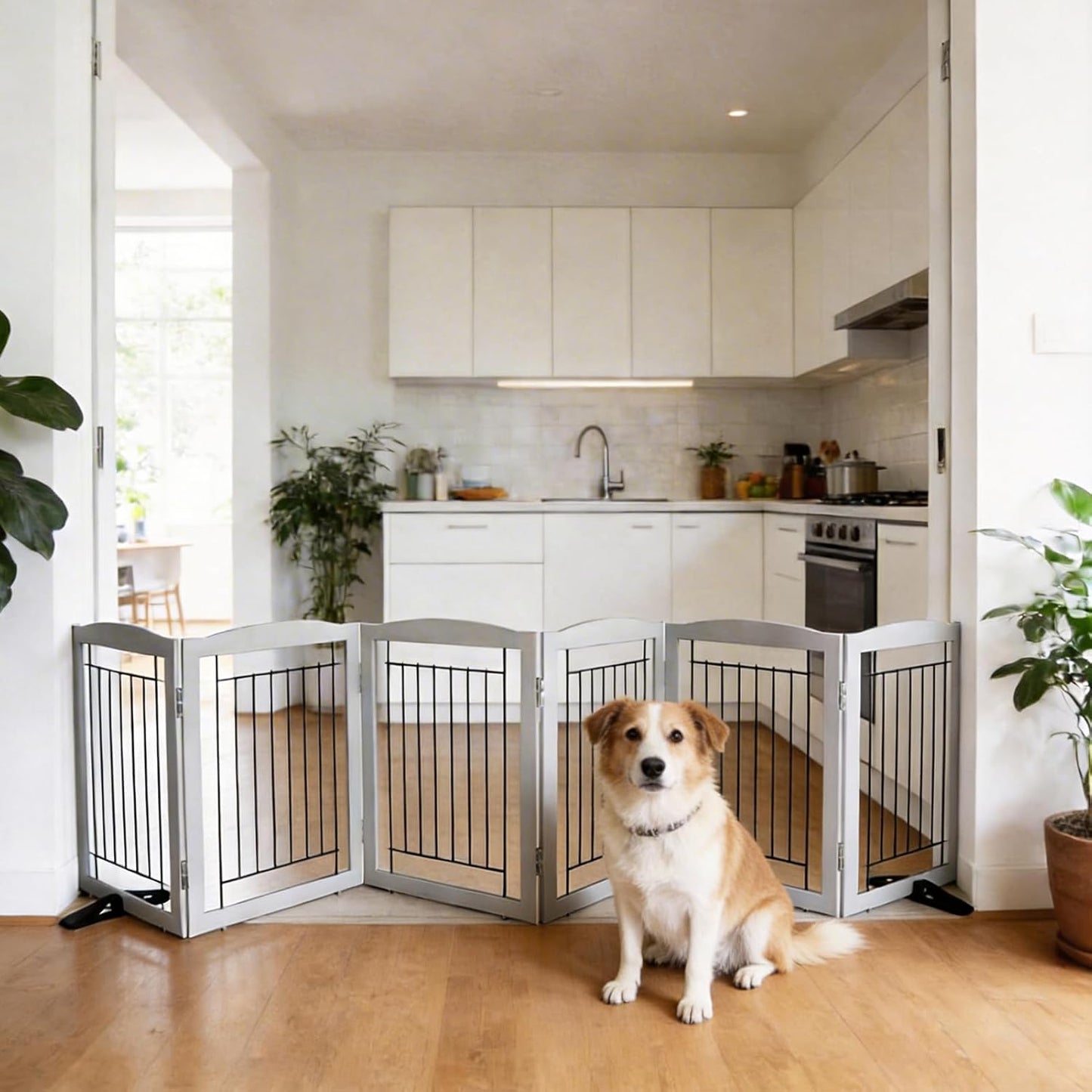 ZJSF Freestanding Dog Fence Indoor, Foldable Dog Gate for Doorways, Stairs or Hallways, Sturdy Wood Extra Wide Pet Gate with Support Feet for The House, White, 24 "Height-3 Panels