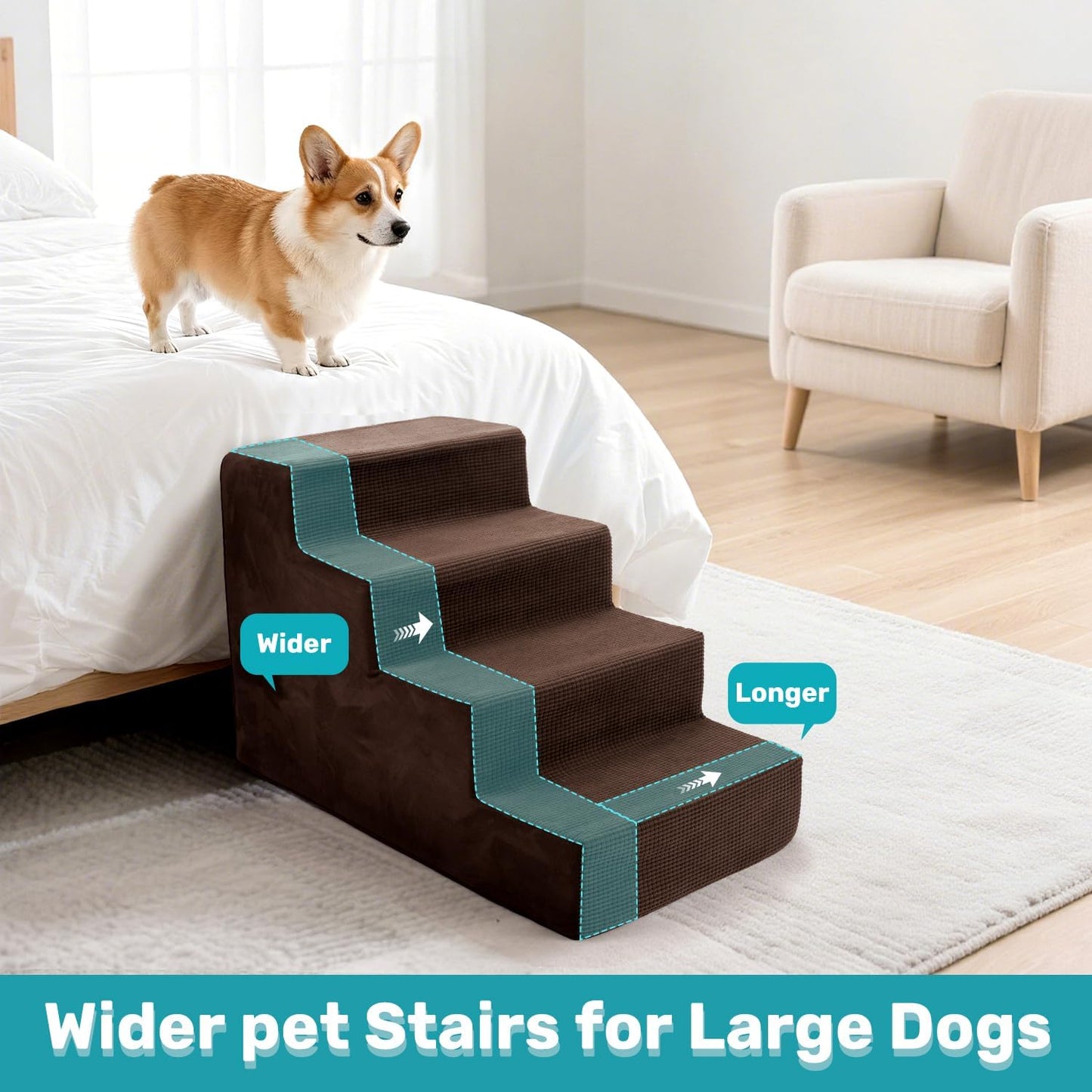 Dog Stairs for Bed, Extra Wide 5-Step Dog Steps for High Bed, High-Density Foam Pet Stairs with Non-Slip Removable Washable Cover for Small Pets, 23" H, Navy