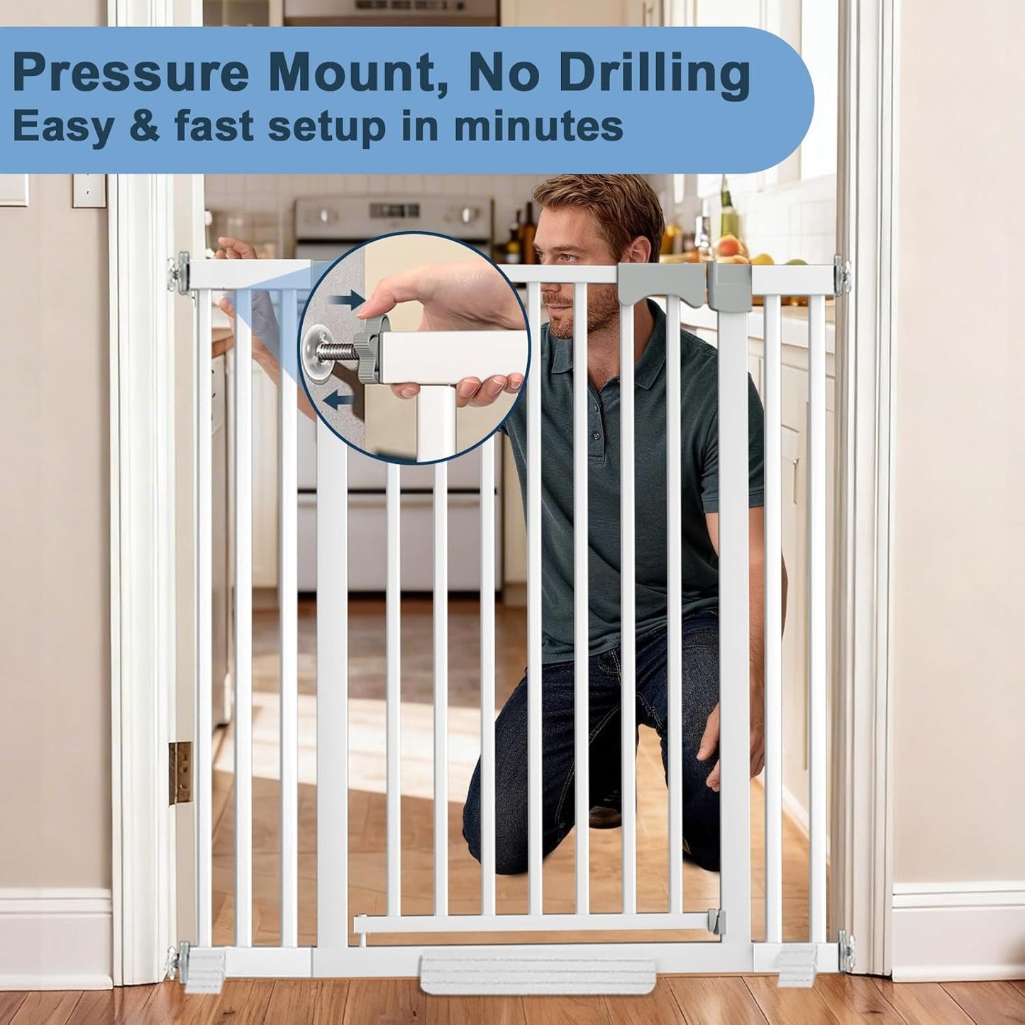41" Extra Tall Dog Gate Indoor,30-62.5" Wide Heavy Duty Pet Gate for Doorways,Baby Gate with Walk Through and Auto Close, Pressure Mounted, Suitable for Stairs,Kitchen,White