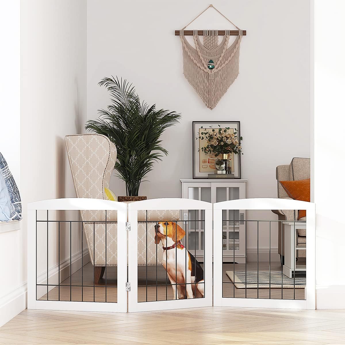 PAWLAND Free Standing Dog Gates for The House Stairs Doorways Indoor Foldable Wooden Small White Puppy Pet Gate Step Over Fence 60" W 24" H 3 Panels