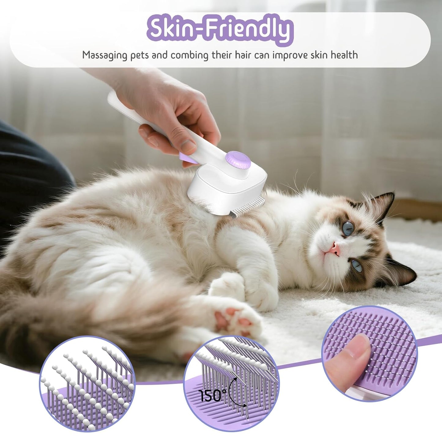 Dog & Cat Brush for Shedding, Self Cleaning Deshedding Brush with Adjustable Bristle Length & Dematting Comb, Skin Friendly Grooming Tool for Long & Medium-Long Hair Pets