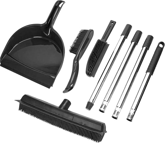 OVENTE Carpet Rake Rubber Broom for Pet Hair Removal with Squeegee, Detailing Lint Fur Remover Brush, Dustpan and 50” Handle, Cleaning Tools Set for Rug, Hardwood Floor, Tile and Window, Grey CT2504GY