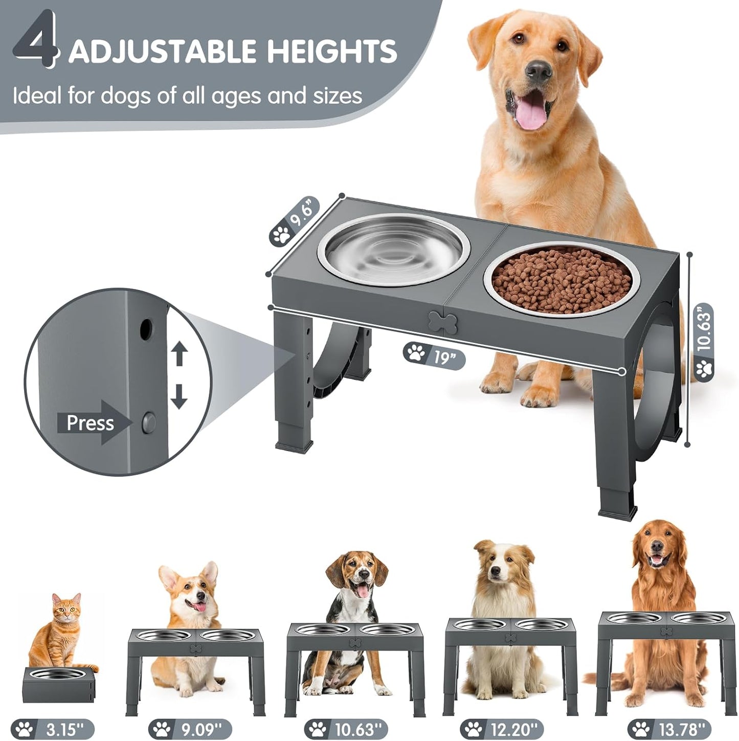 XIAZ Elevated Dog Bowls Large Breed Raised Dogs Bowl Stand Large/Medium Sized Dog Slow Feeder Dogs Bowls Food Water Stands 5 Heights Adjustable 9/11/12/14in Pet Feeder Dish Station
