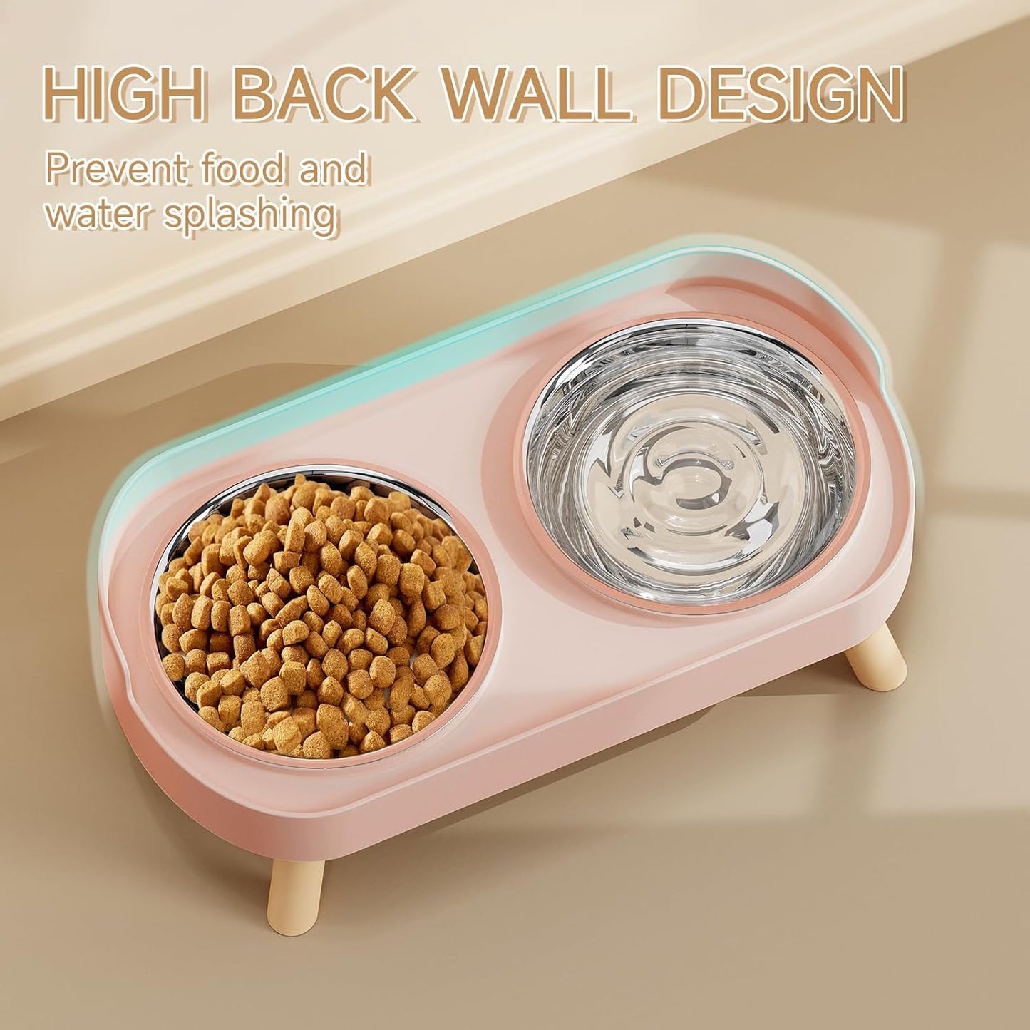 Elevated Cat Bowl, Raised Cat Food and Water Bowl Set for Indoor Cats, Splash Proof with 2 Stainless Steel Pet Food Bowls for Cats and Puppies, Whisker Fatigue and Dishwasher Safe - White