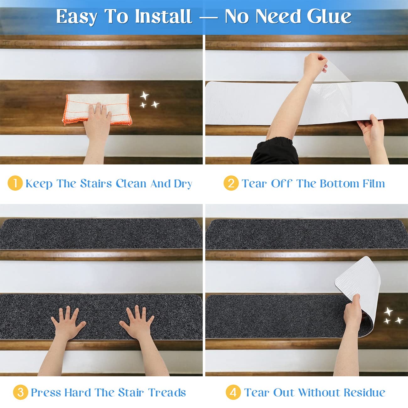 RIOLAND Non-Slip Stair Treads Carpet Indoor 14 Pack Stair Rugs for Wooden Steps Anti Moving Stair Runners Safety for Dogs Elders and Kids, 8” x 30”, Coffee Brown
