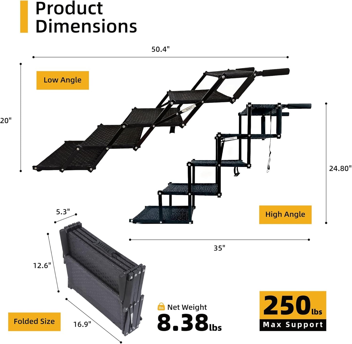 Dog Stairs 5 Steps Foldable Dog Ramp with Non-Slip Surface, Portable Dog Steps for Cars,SUV and Truck, Supports up to 250 lbs