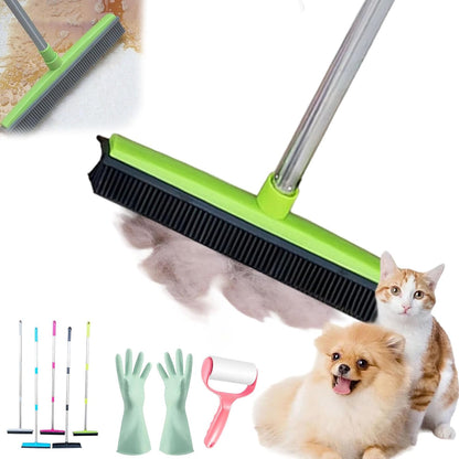 Pet Hair Rubber Broom, Rubber Broom for Pet Hair On Carpet, Pets Hairs Removal Broom with 49" Adjustable Handle, Soft Push Broom with Squeegee for Carpet, Hardwood Floor, Tile (E)