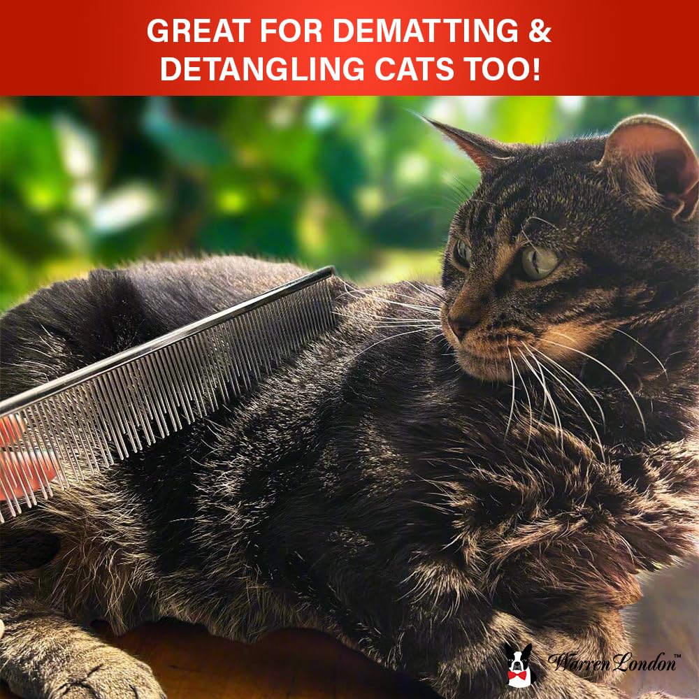 Warren London Detangling Strong Comb for Dogs | 10 inches | Comfort Control Durability and Detail for Small Medium Large Dogs | Ergonomic Dog Cat Grooming Pet Supplies Deshedding Mat Tool
