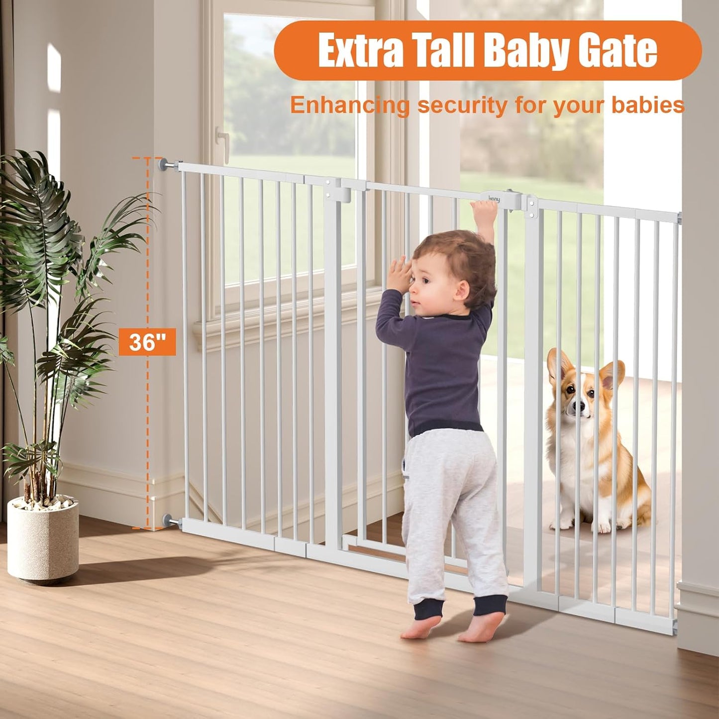 keny 29"-42.5" Baby Gate for Stairs, Auto Close Safety Dog Gate, Pressure Mounted Easy Walk Through Pet Gate for Doorways, Durable Stair Gate, 30" Tall, White