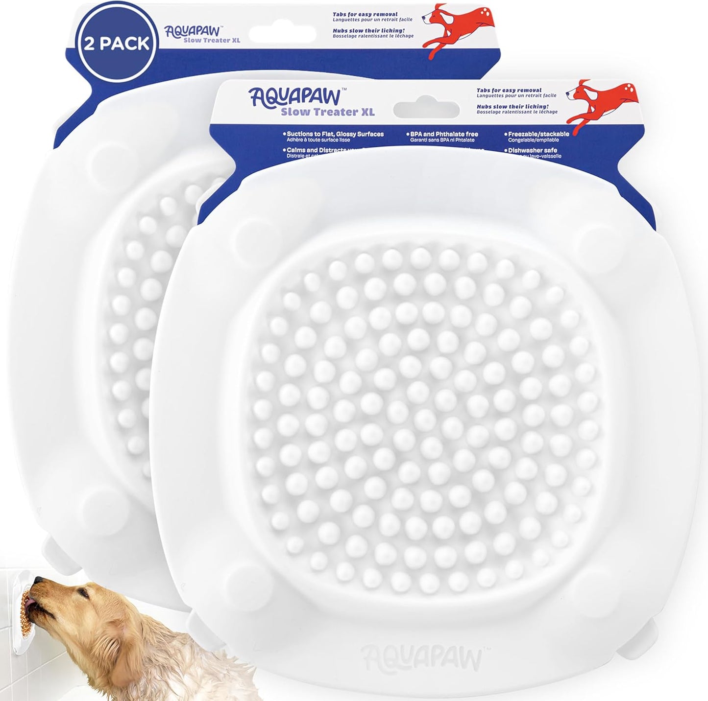 Aquapaw Lick Mat for Dogs 2-Pack XL, Suction Cup Dog Slow Feeder Pad & Licking Mat for Peanut Butter Treats – Calming Dog Bathing Aid, Stress Relief & Mental Stimulation for All Breeds - White
