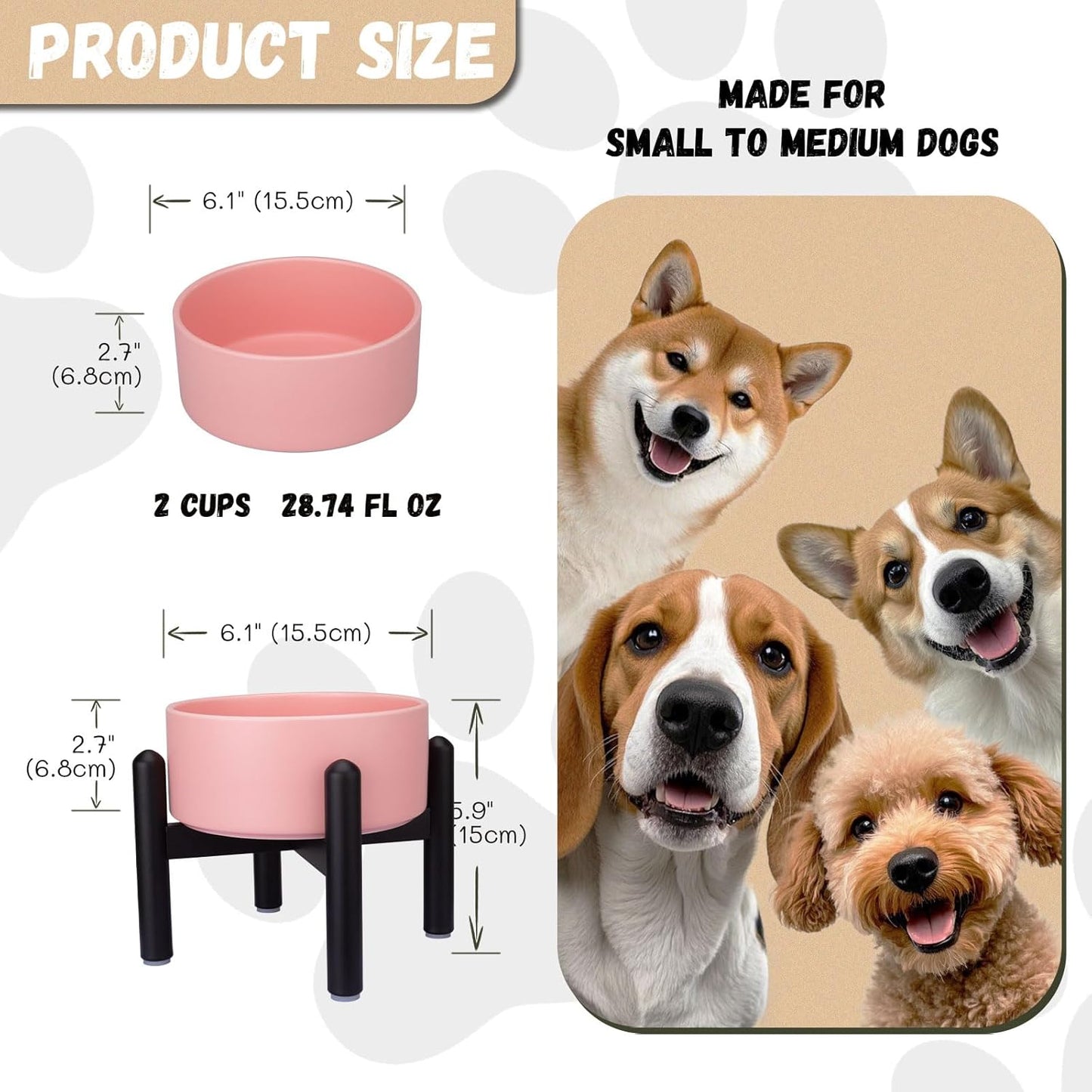 Raised Ceramic Dog Bowl Set - Elevated Double Dishes with Stainless Steel Stand - Food and Water Bowls for Small to Medium Dogs - Each Holds 3.5 Cups (29.57 fl oz) - White