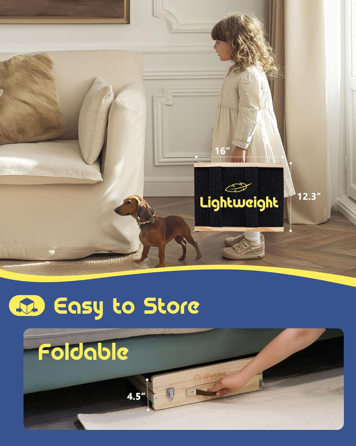 Dog Ramp for Bed & Couch for Small & Medium Dogs - Joint-Friendly, Anti-Slip, Adjustable, Odor-Free, Up to 70 lbs
