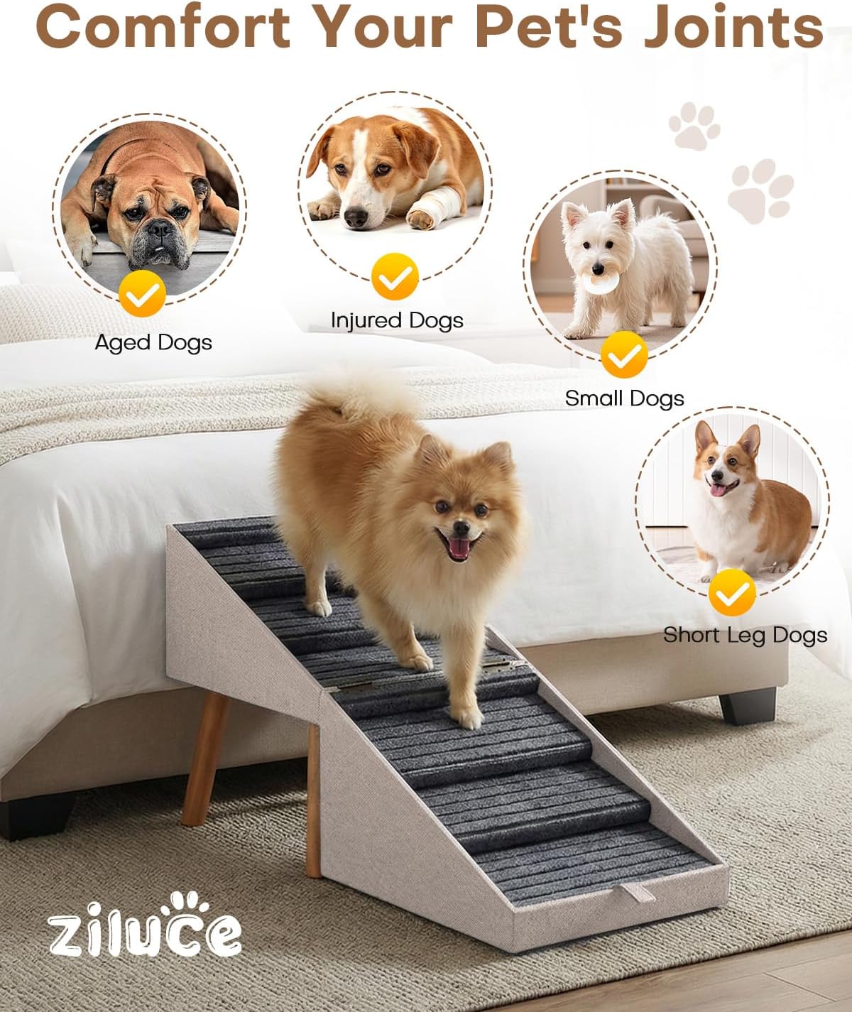 Dog Ramp for Bed & Couch, Dog Stairs 21.06 inches High for Large/Medium/Small Doggie, Foldable 2 in 1 Wooden Pet Steps for Puppy Older and Injured Dogs, Split Ottoman Design, No-Slip Surface