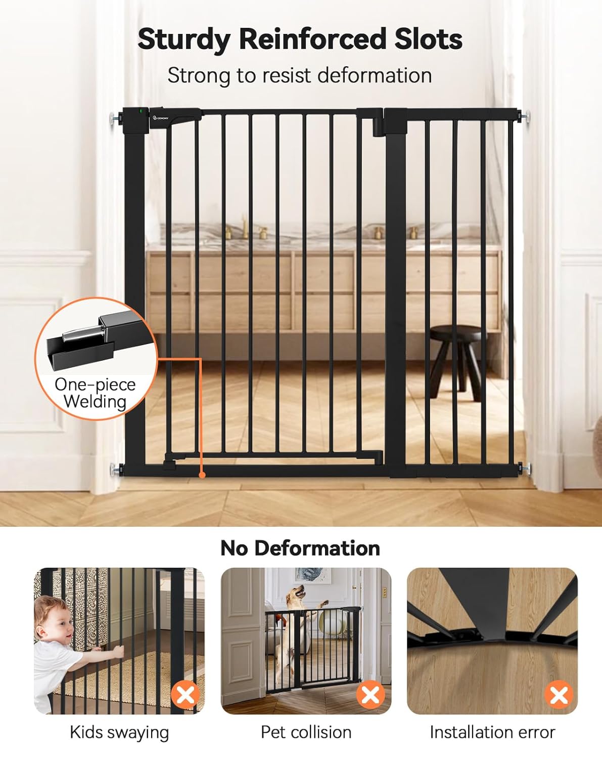COMOMY 36" Extra Tall Baby Gate for Stairs and Doorways - Fits 29.5" to 48.8" Wide Openings, Auto Close Extra Wide Dog Gate for House, Pressure Mounted Easy Walk Through Pet With Door, Black