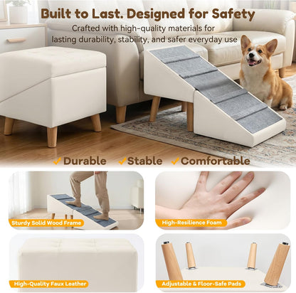 Dog Ramp for Small Dogs, 15.7" H 3-in-1 18.5" Extra Wide Foldable Ottoman & Hidden Storage Design Dog Stairs for Couch Sofa, Non-Slip Pet Steps for Puppy Senior Injured Dogs (White)