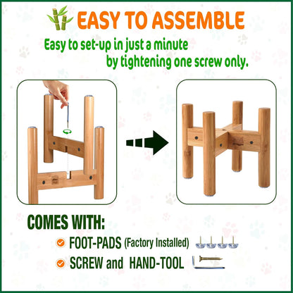 Dog Bowl Stand - Mid-Large Dogs Suitable - Elevate, Raise Bowl to 12-inch High - Adjustable, Fits Any Pet Food/Water Feeders, and Fountains - Durable Bamboo