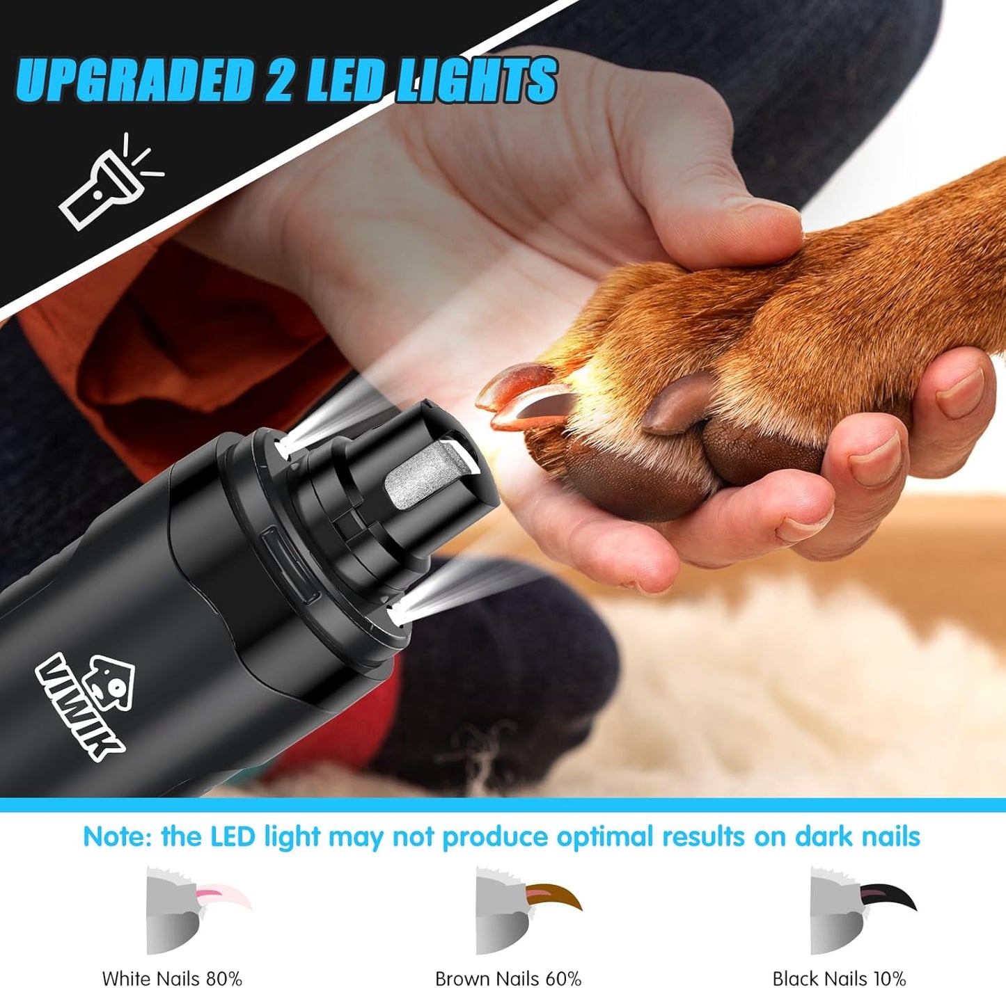 VIWIK Dog Nail Trimmers with Light, Cat Dog Nail Clippers, Dog Nail Grinder Quiet for Large Medium Small Dogs Paw & Cats Claw, Electric 2-Speed Pet Toenail Grooming Supplies, Gifts for Dog Lovers.