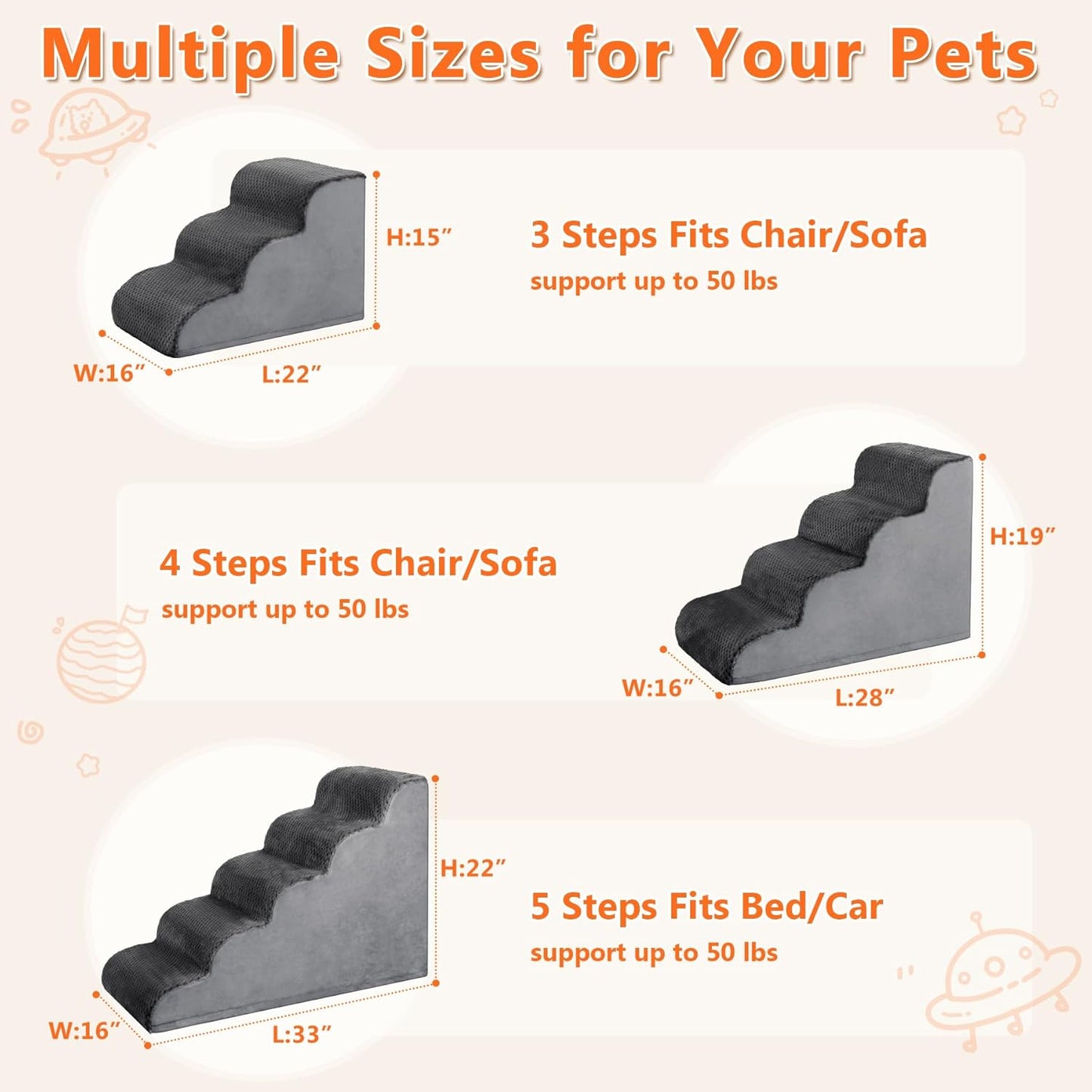 Dog Stairs Ramp, Curved 3-Step Dog Steps for Small Dogs and Cats, Pet Stairs for High Beds and Couch with Anti-Slip Washable Cover and Durable High Density Foam, Dark Grey