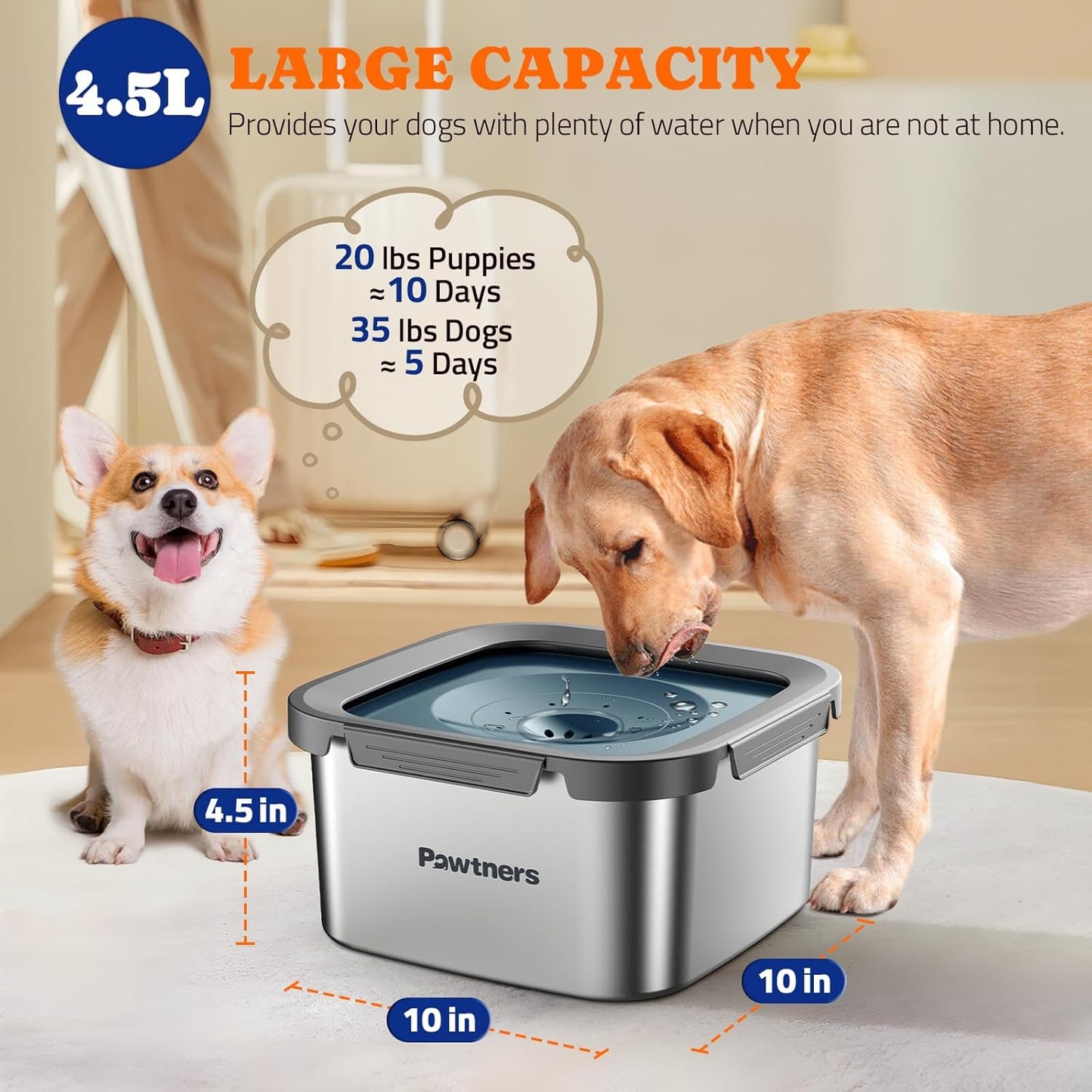 Pawtners All Stainless Steel Dog Water Bowl No Spill,135oz Anti-Splash Dog Bowl with Non-Slip Base, Spill Proof for Medium Large Messy Drinkers, Slow Drinking, Slobber Stopper,Easy to Clean
