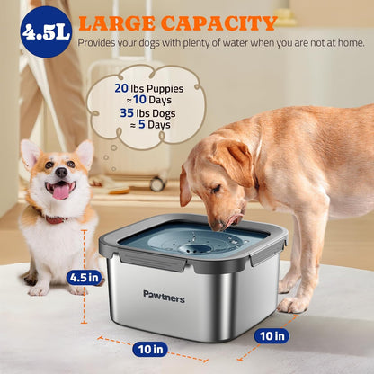 Pawtners All Stainless Steel Dog Water Bowl No Spill,135oz Anti-Splash Dog Bowl with Non-Slip Base, Spill Proof for Medium Large Messy Drinkers, Slow Drinking, Slobber Stopper,Easy to Clean