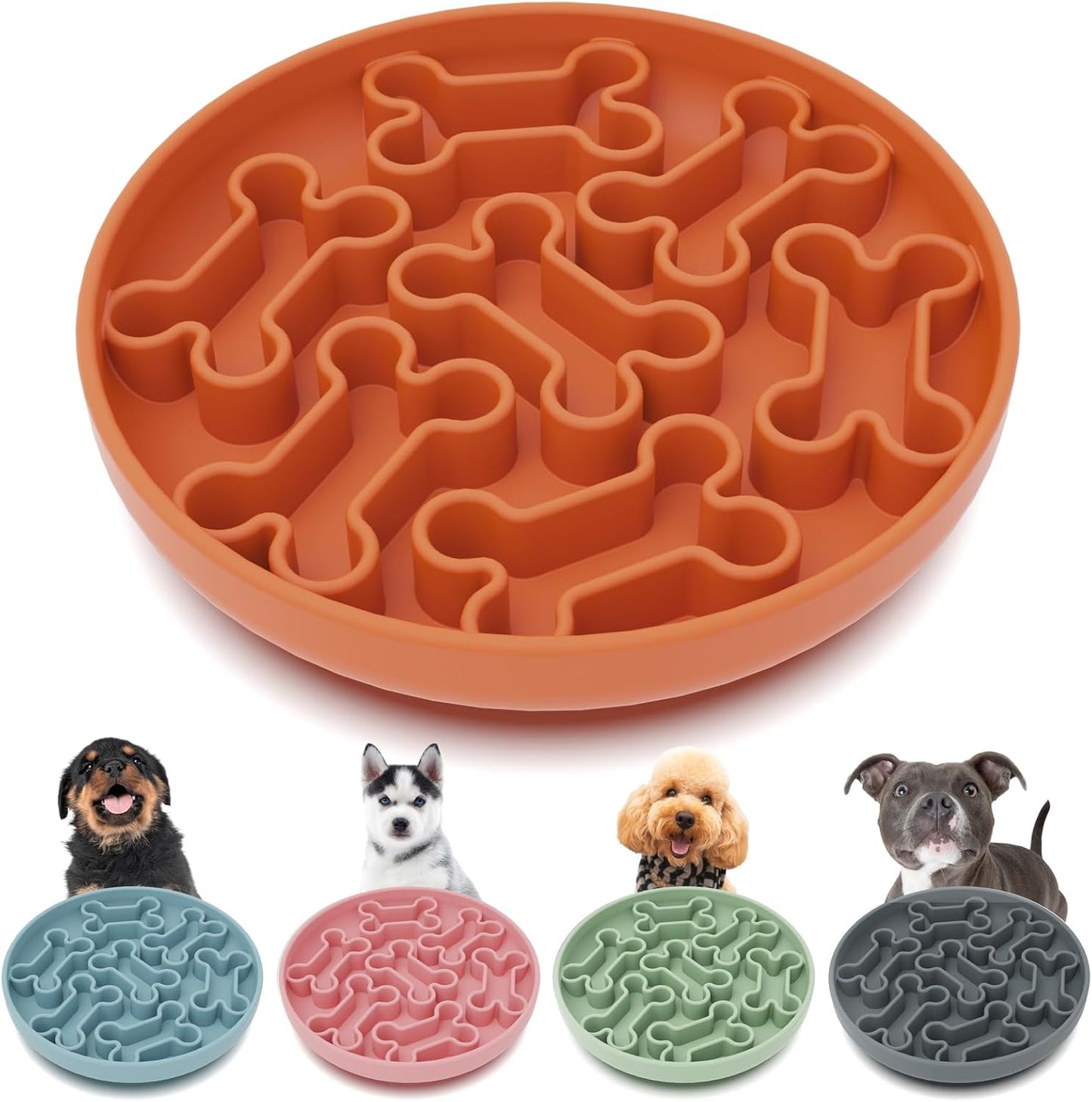 Silicone Slow Feeder Dog Bowl – Pink Bone Pattern | Food-Grade Non-Slip Dog Dish for Anti-Bloat, Fast Eating Prevention, 7.5” x 1.5”, Dishwasher Safe