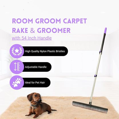 Small Room Groom Carpet Rake, 11" Handle, Portable Carpet Brush for Pet Hair, High Pile Rugs, Stairs, Furniture & Artificial Turf, Compact Groomer Tool