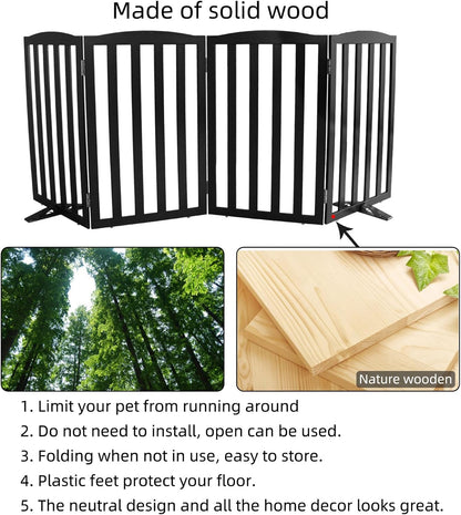 Freestanding Dog Gate Indoor,Doggie Gate Foldable Dog Gates for Doorways,Stairs or Hallways, Wooden White Pet Gate for the House, Pet Fence with Support Feet Included,24 "Height-4 Panels
